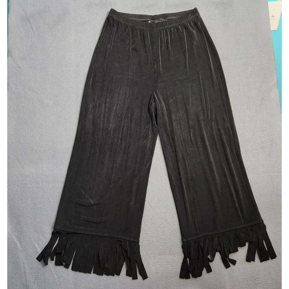 Chico's Travelers Pants Women 1 US 8 Black High Rise Slinky Knit Fringe Hem